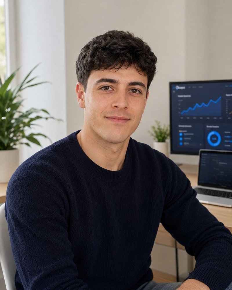 Fundador de Lerentia Digital en su puesto de trabajo, con un panel de métricas de campañas al fondo